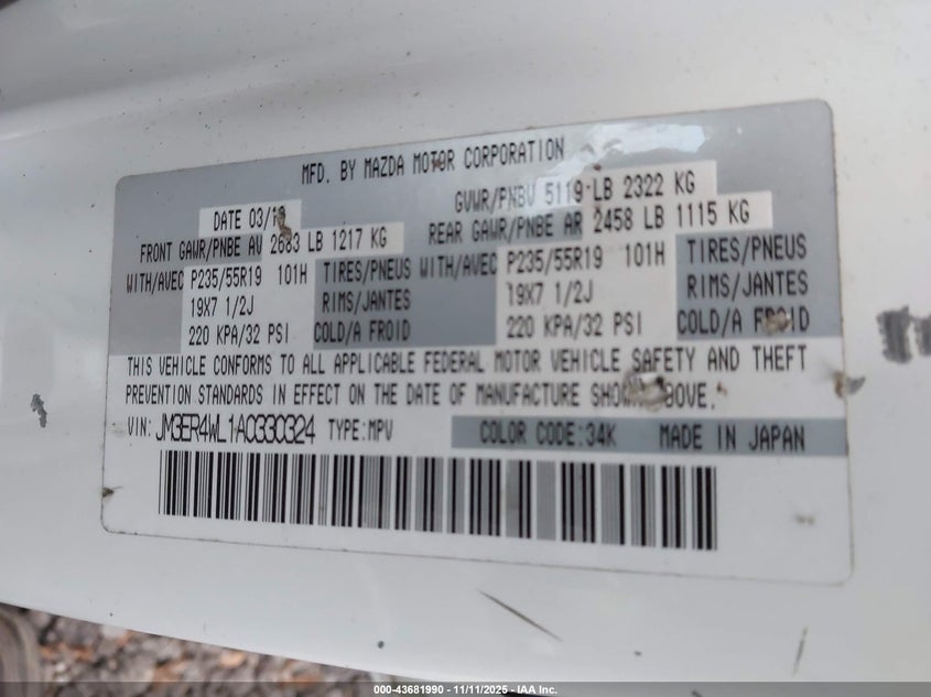JM3ER4WL1A0330324 2010 MAZDA CX-7 photo no. 9