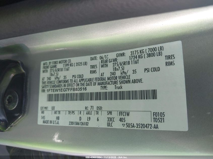 2015 Ford F-150 Lariat VIN: 1FTEW1EG7FFB83516 Lot: 43681994