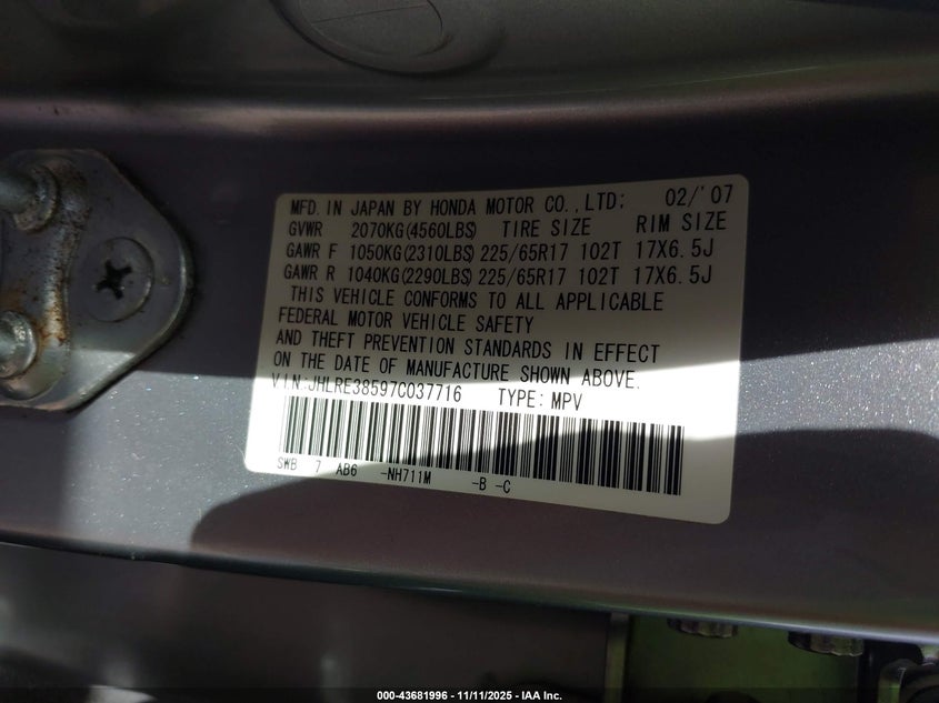 2007 Honda Cr-V Ex VIN: JHLRE38597C037716 Lot: 43681996