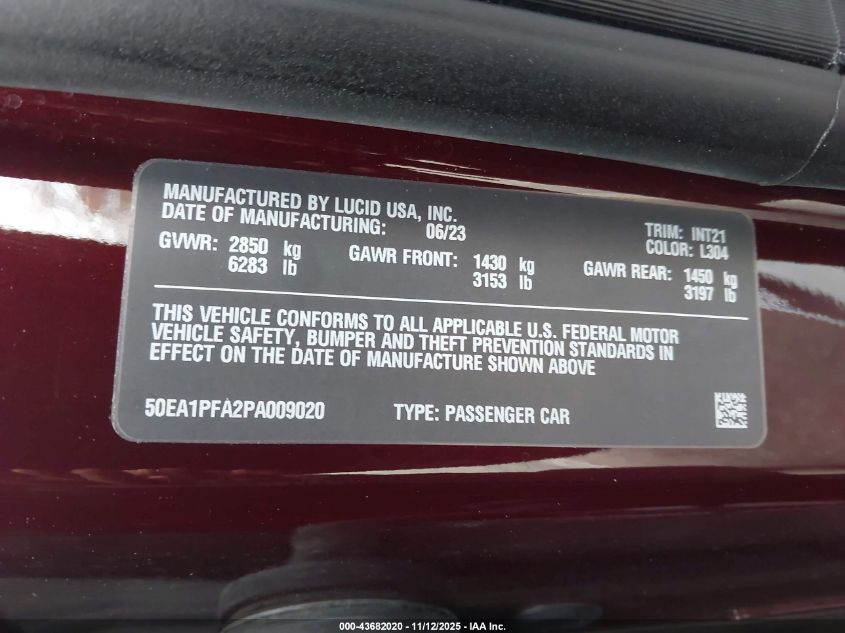 2023 Lucid Air Pure VIN: 50EA1PFA2PA009020 Lot: 43682020