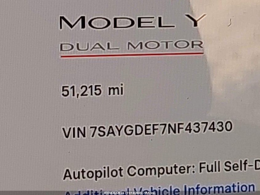 2022 Tesla Model Y Performance Dual Motor All-Wheel Drive VIN: 7SAYGDEF7NF437430 Lot: 43682023