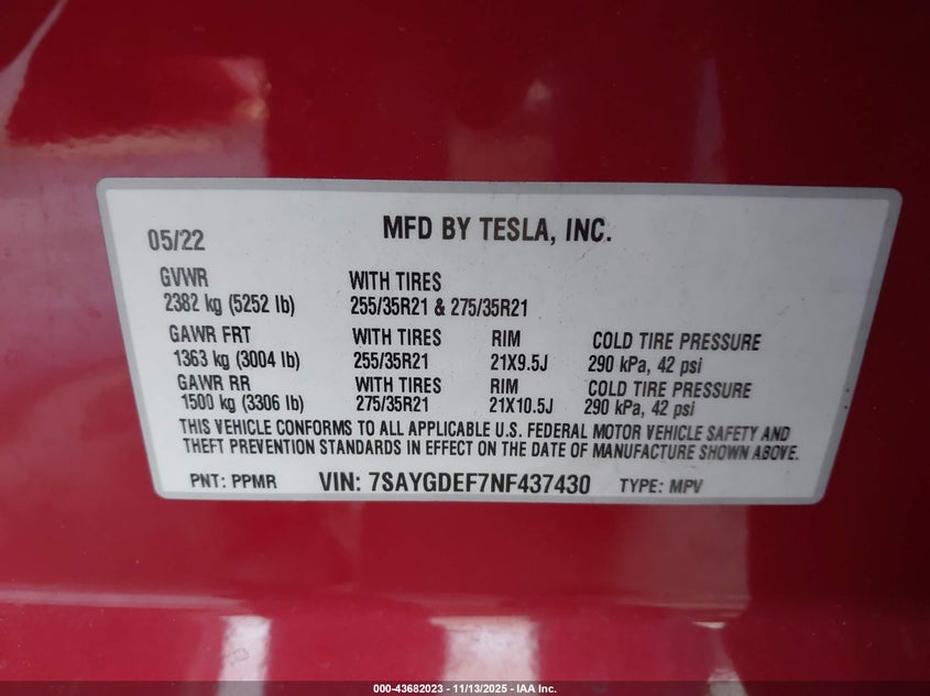 2022 Tesla Model Y Performance Dual Motor All-Wheel Drive VIN: 7SAYGDEF7NF437430 Lot: 43682023