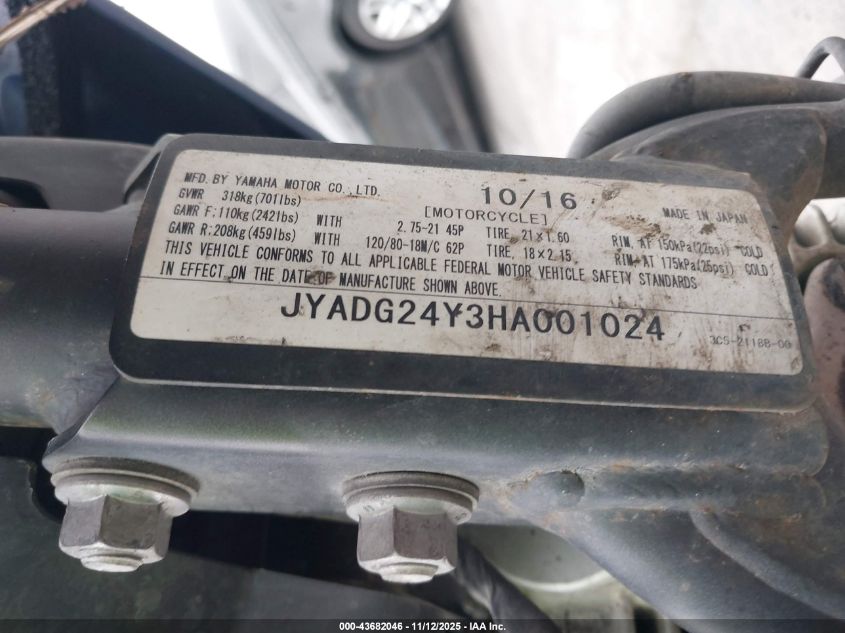 2017 Yamaha Xt250 C VIN: JYADG24Y3HA001024 Lot: 43682046