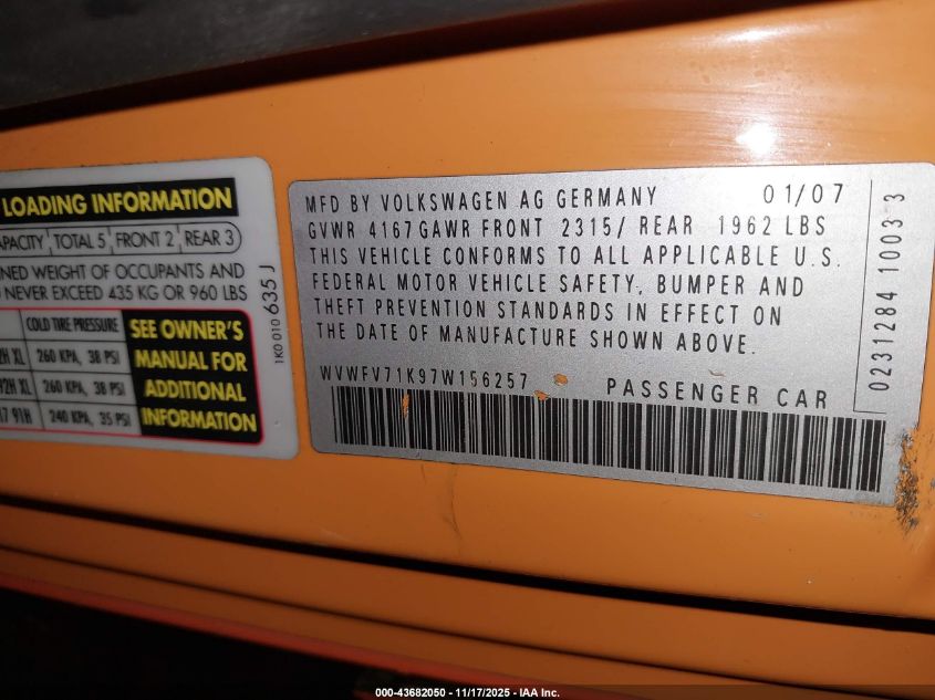 2007 Volkswagen Gti Fahrenheit VIN: WVWFV71K97W156257 Lot: 43682050