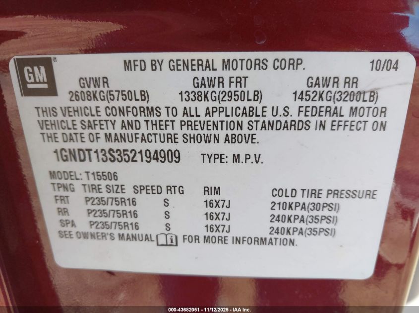 2005 Chevrolet Trailblazer Ls VIN: 1GNDT13S352194909 Lot: 43682051