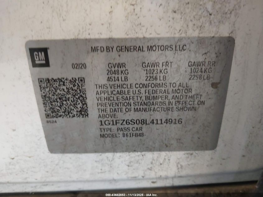 2020 Chevrolet Bolt Ev Fwd Premier VIN: 1G1FZ6S08L4114916 Lot: 43682053