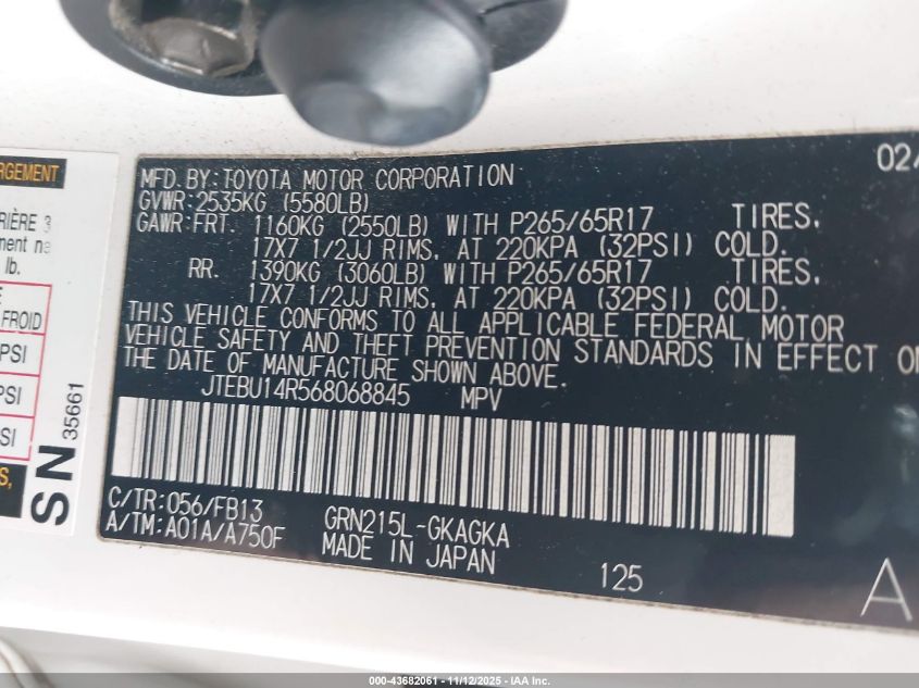 2006 Toyota 4Runner Sr5 Sport V6 VIN: JTEBU14R568068845 Lot: 43682061