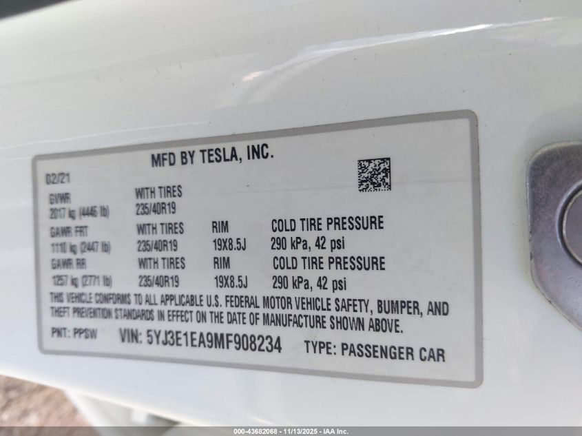 2021 Tesla Model 3 Standard Range Plus Rear-Wheel Drive VIN: 5YJ3E1EA9MF908234 Lot: 43682068