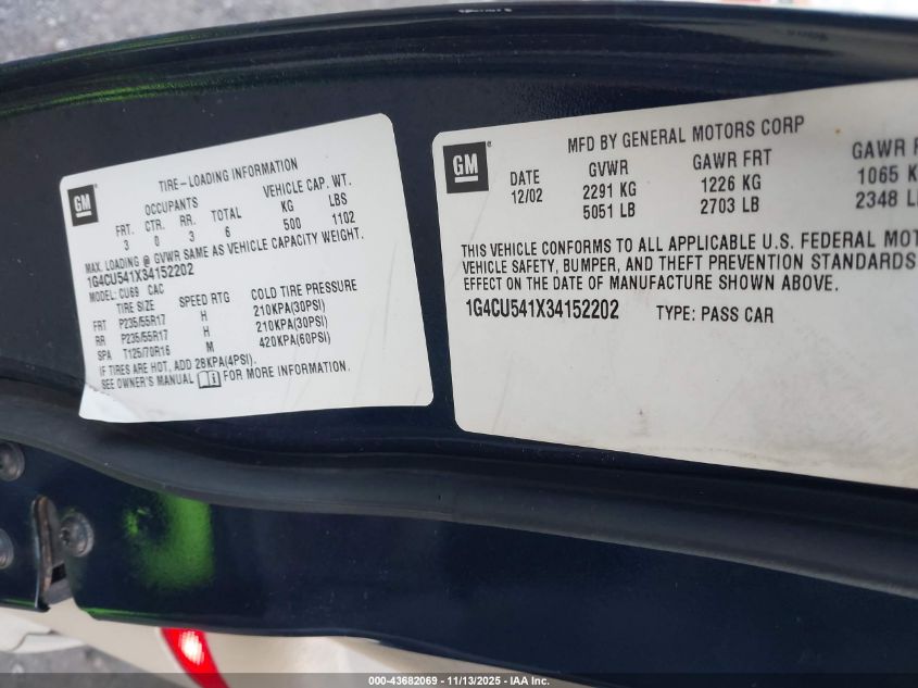 2003 Buick Park Avenue Ultra VIN: 1G4CU541X34152202 Lot: 43682069