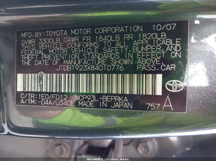 2008 Toyota Yaris VIN: JTDBT923X84010776 Lot: 43682079