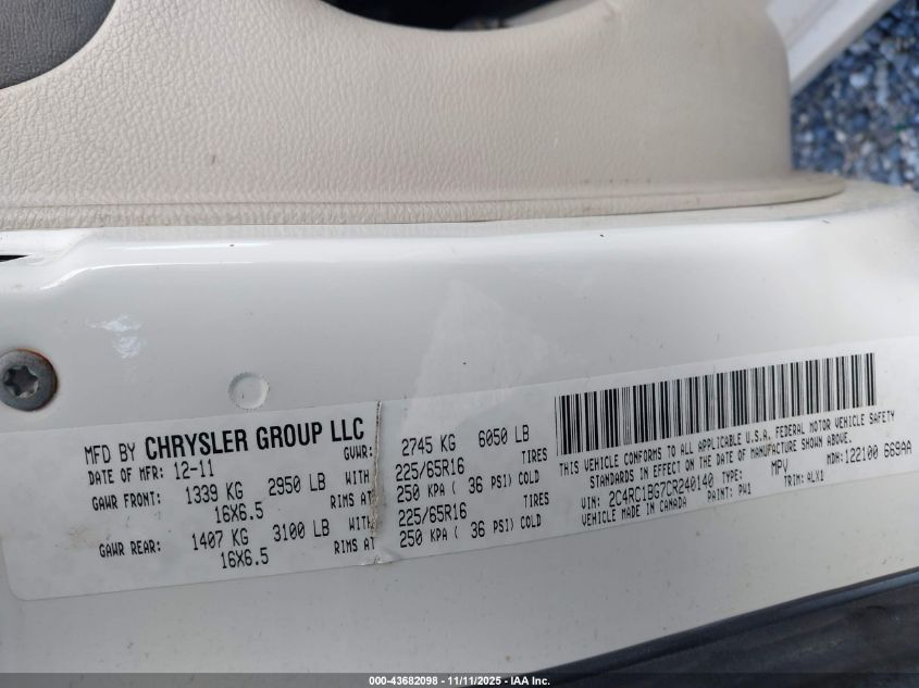 2012 Chrysler Town & Country Touring VIN: 2C4RC1BG7CR240140 Lot: 43682098