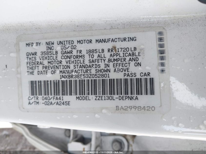 2003 Toyota Corolla Le VIN: 1NXBR38E53Z052801 Lot: 43682113