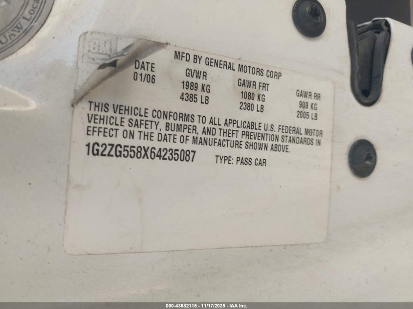 2006 Pontiac G6 VIN: 1G2ZG558X64235087 Lot: 43682115