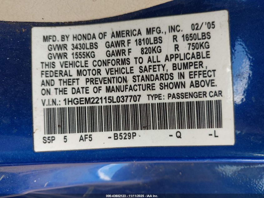 2005 Honda Civic Vp VIN: 1HGEM22115L037707 Lot: 43682123