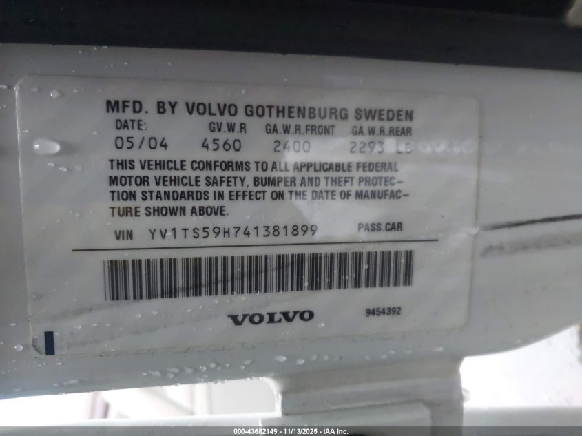 2004 Volvo S80 2.5T VIN: YV1TS59H741381899 Lot: 43682149