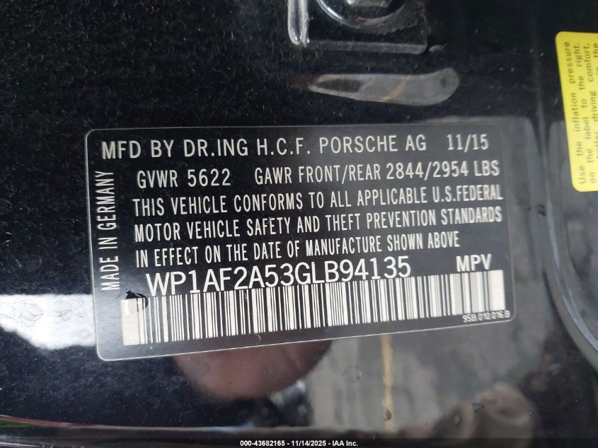 2016 Porsche Macan Turbo VIN: WP1AF2A53GLB94135 Lot: 43682165