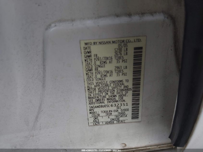 2005 Nissan Xterra S VIN: 5N1AN08U05C632351 Lot: 43682178