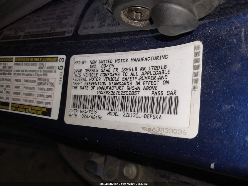 2006 Toyota Corolla S VIN: 1NXBR32E76Z592857 Lot: 43682187