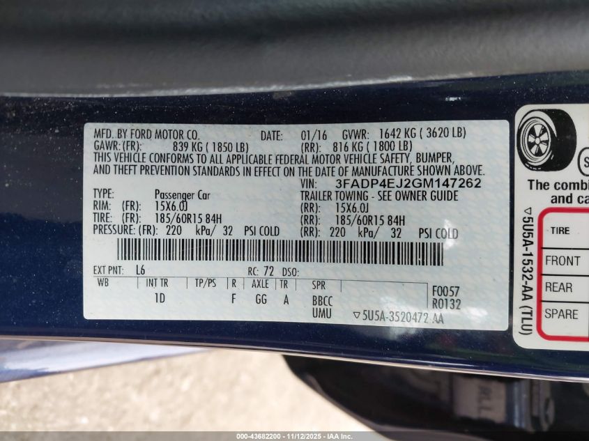 2016 Ford Fiesta Se VIN: 3FADP4EJ2GM147262 Lot: 43682200