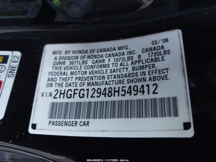 2008 Honda Civic Ex-L VIN: 2HGFG12948H549412 Lot: 43682212