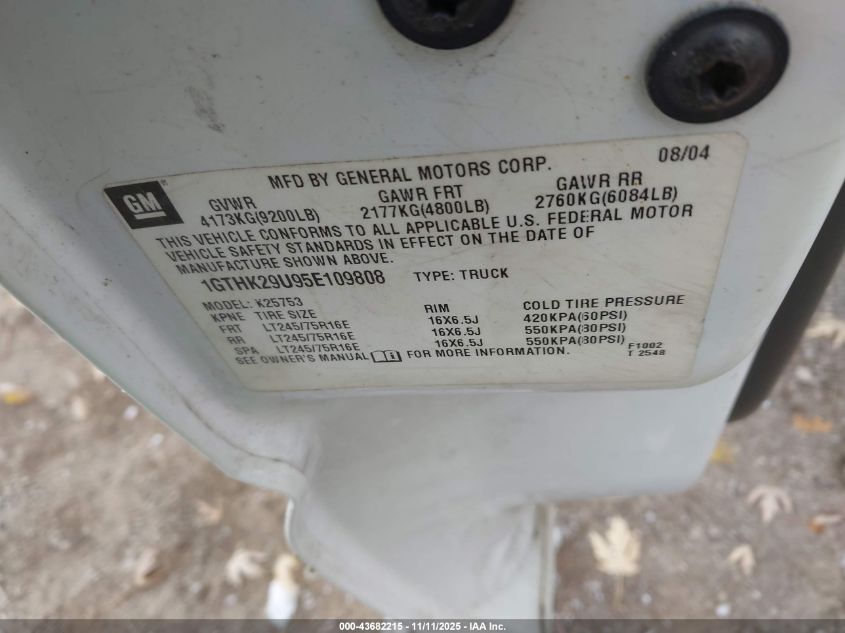 2005 GMC Sierra 2500Hd Sle VIN: 1GTHK29U95E109808 Lot: 43682215