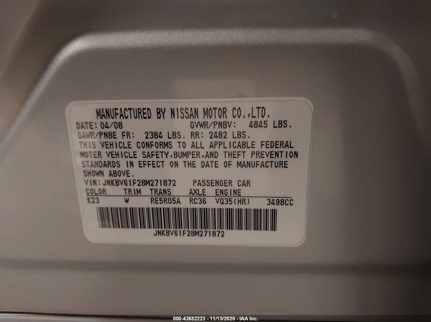 2008 Infiniti G35X VIN: JNKBV61F28M271872 Lot: 43682223