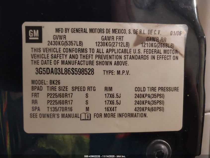 2006 Buick Rendezvous Cx VIN: 3G5DA03L86S598528 Lot: 43682228