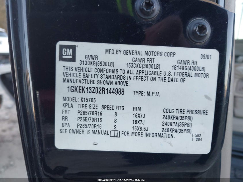 2002 GMC Yukon Slt VIN: 1GKEK13Z02R144988 Lot: 43682231