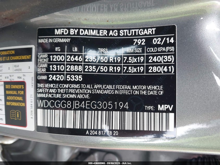 2014 Mercedes Benz 350 VIN: WDCGG8JB4EG30519 Lot: 43682243