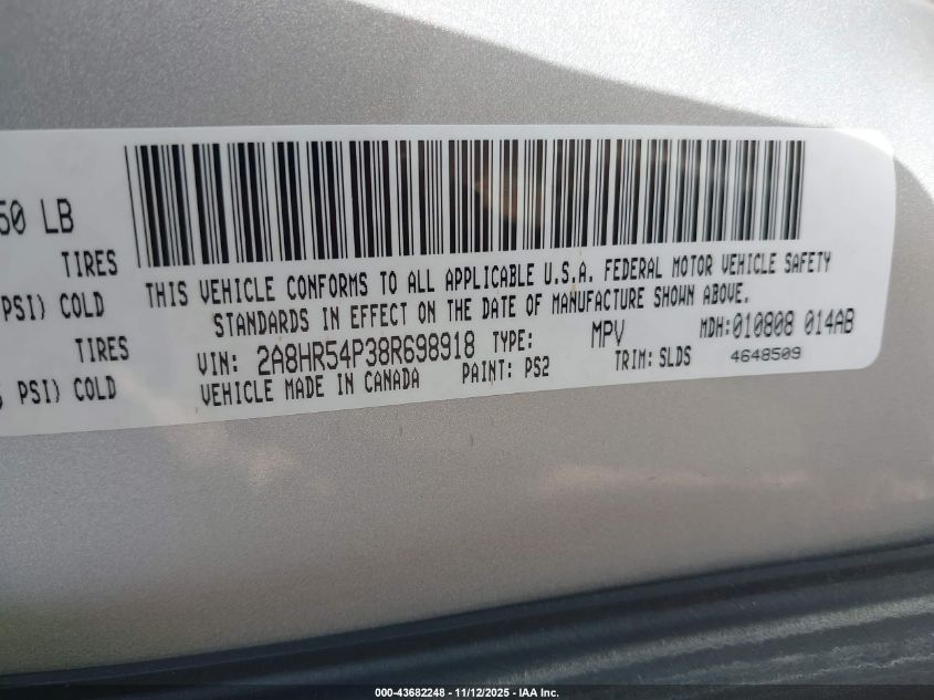 2008 Chrysler Town & Country Touring VIN: 2A8HR54P38R698918 Lot: 43682248