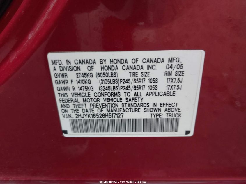 2006 Honda Ridgeline Rtl VIN: 2HJYK16526H517127 Lot: 43682252