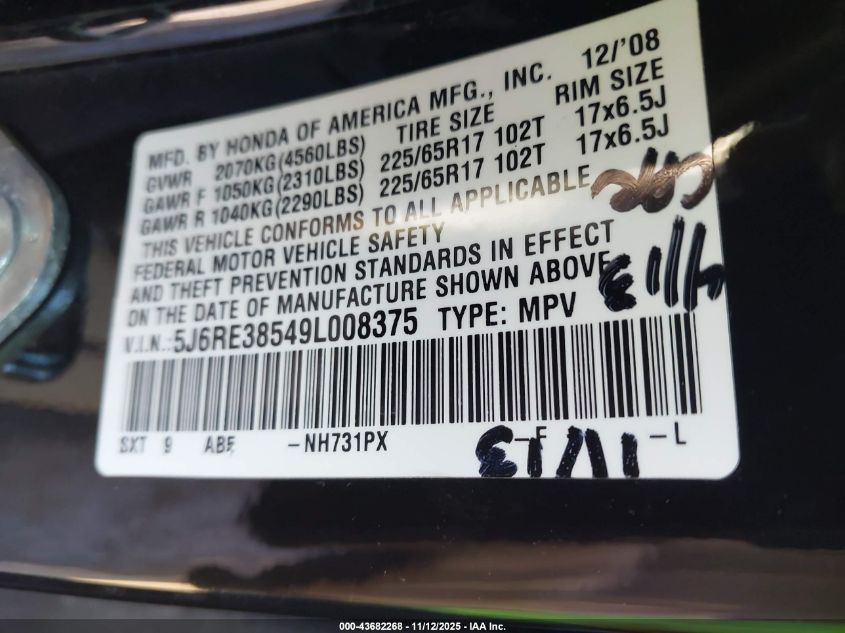 2009 Honda Cr-V Ex VIN: 5J6RE38549L008375 Lot: 43682268