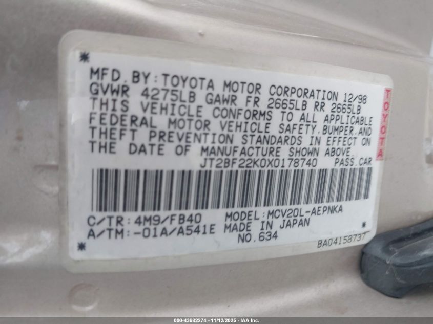 1999 Toyota Camry Le V6 VIN: JT2BF22K0X0178740 Lot: 43682274