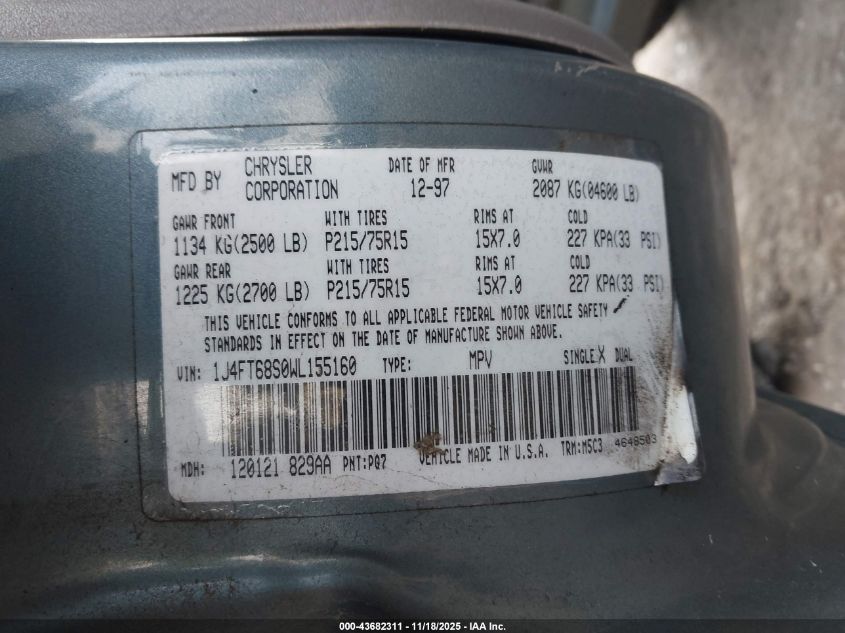 1998 Jeep Cherokee Classic/Limited/Sport VIN: 1J4FT68S0WL155160 Lot: 43682311