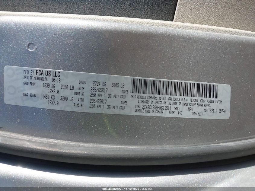 2017 Chrysler Pacifica Touring-L VIN: 2C4RC1BG9HR613511 Lot: 43682327