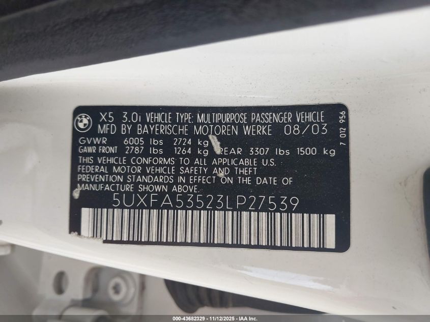 2003 BMW X5 3.0I VIN: 5UXFA53523LP27539 Lot: 43682329