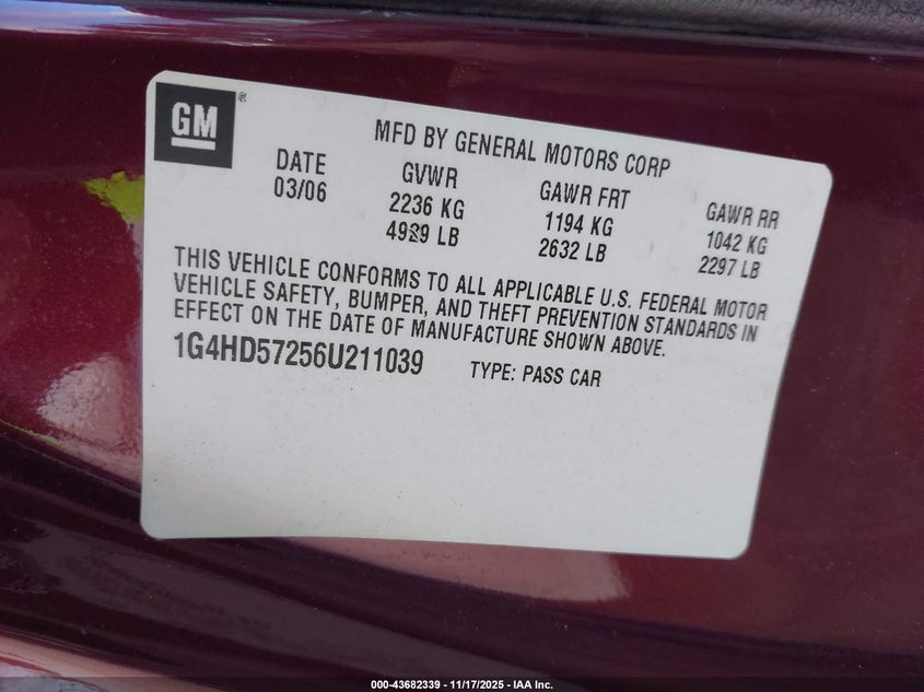 2006 Buick Lucerne Cxl VIN: 1G4HD57256U211039 Lot: 43682339
