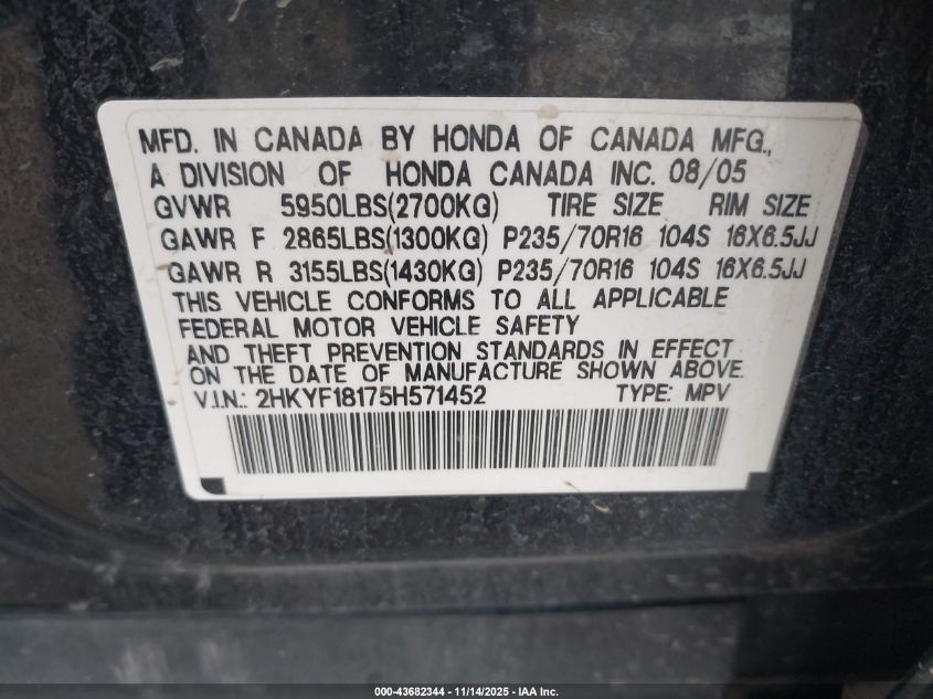 2005 Honda Pilot Lx VIN: 2HKYF18175H571452 Lot: 43682344