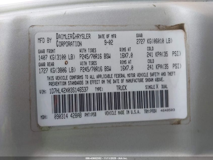 2003 Dodge Dakota Slt VIN: 1D7HL42X03S146537 Lot: 43682352