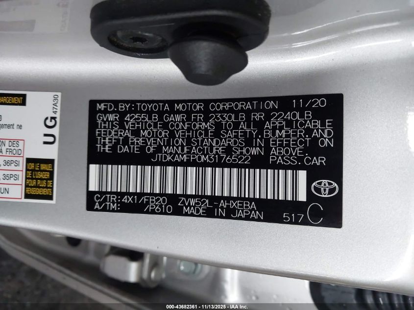 2021 Toyota Prius Prime Le VIN: JTDKAMFP0M3176522 Lot: 43682361