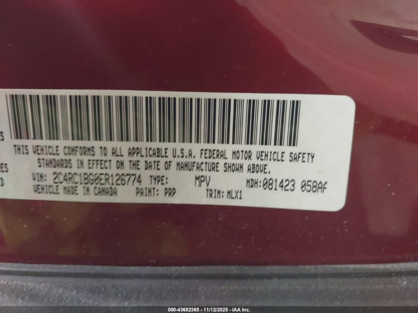 2014 Chrysler Town & Country Touring VIN: 2C4RC1BG0ER126774 Lot: 43682365