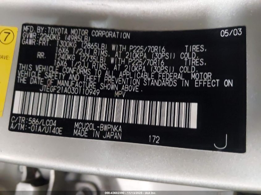 2003 Toyota Highlander Limited V6 VIN: JTEGF21A030110949 Lot: 43682390