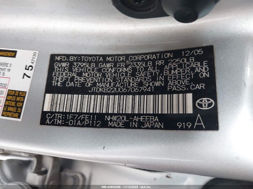 2006 Toyota Prius VIN: JTDKB22U067067941 Lot: 43682398