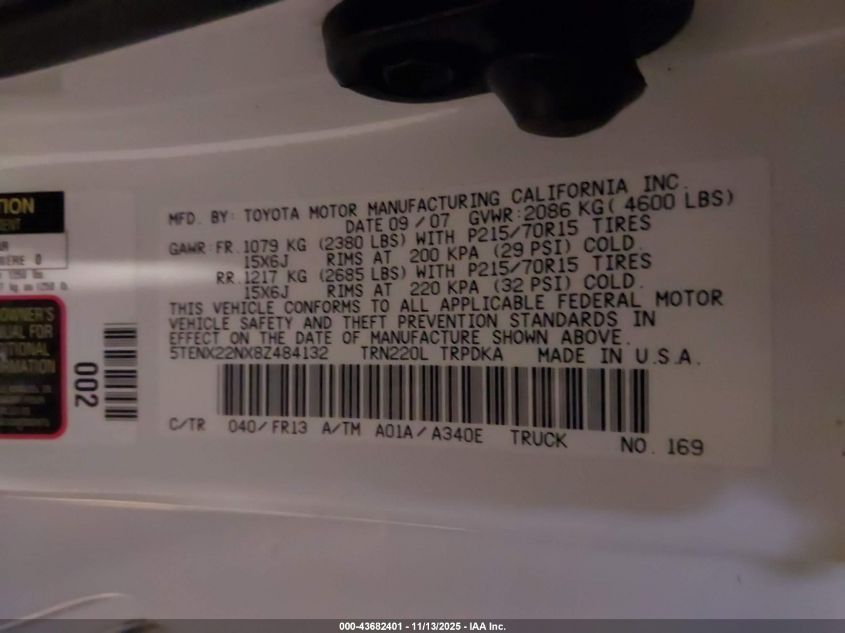 2008 Toyota Tacoma VIN: 5TENX22NX8Z484132 Lot: 43682401