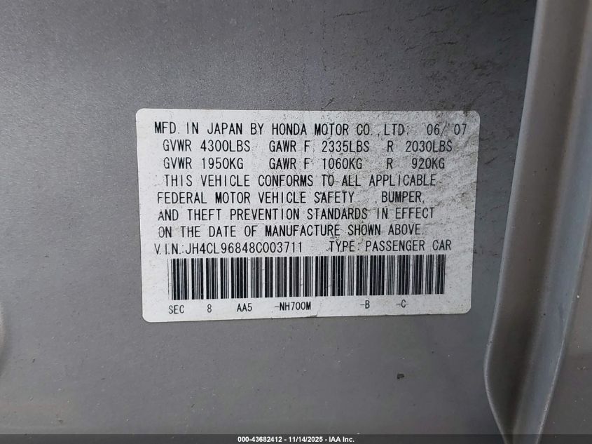 2008 Acura Tsx VIN: JH4CL96848C003711 Lot: 43682412