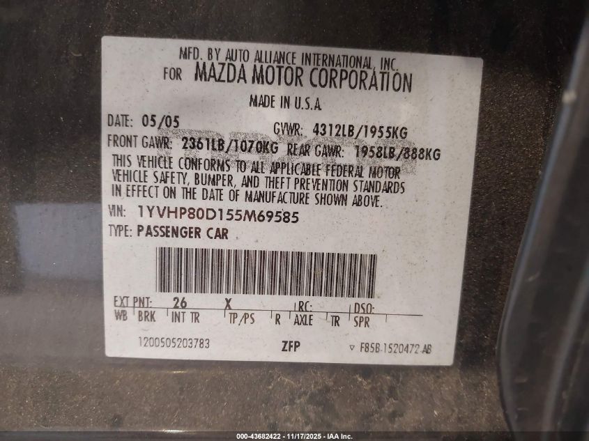 2005 Mazda Mazda6 S Grand Touring VIN: 1YVHP80D155M69585 Lot: 43682422
