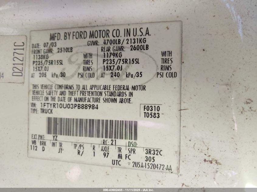 2003 Ford Ranger Edge/Xl/Xlt VIN: 1FTYR10U03PB88984 Lot: 43682455