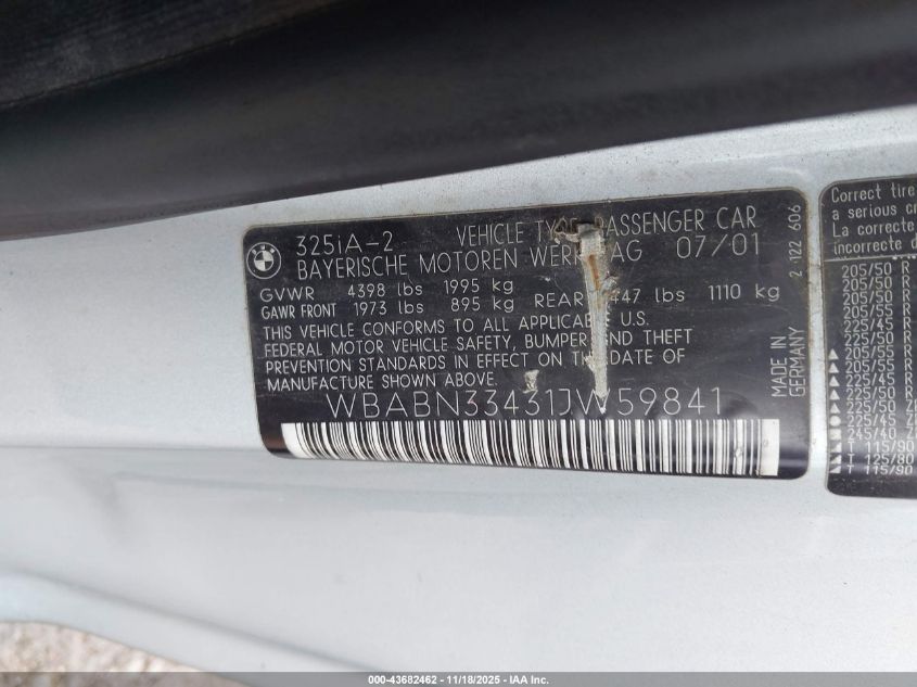 2001 BMW 325Ci VIN: WBABN33431JW59841 Lot: 43682462