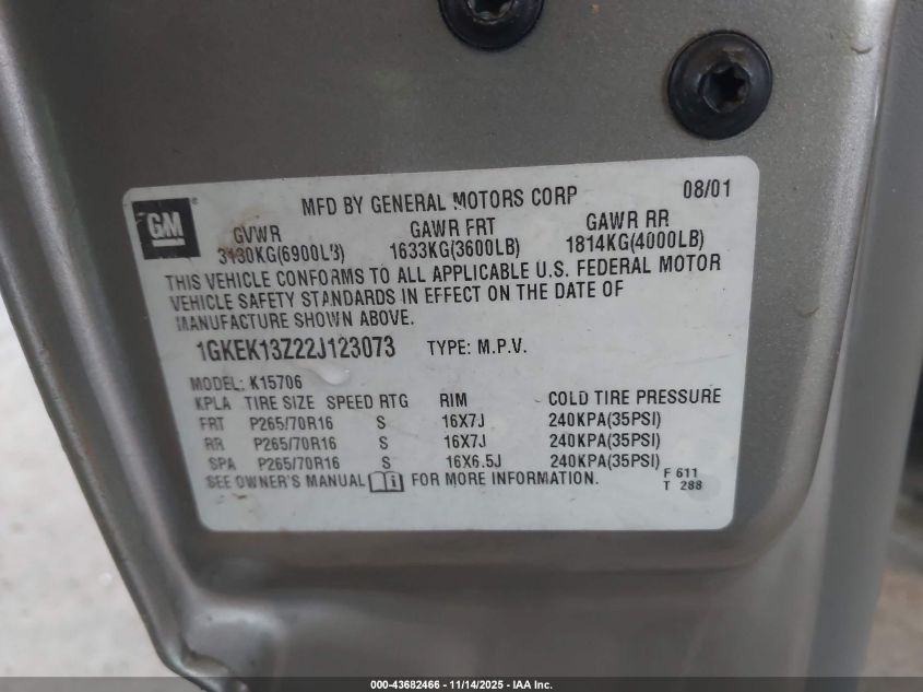 2002 GMC Yukon Slt VIN: 1GKEK13Z22J123073 Lot: 43682466