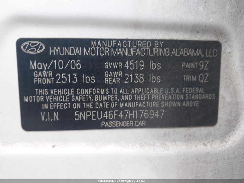 2007 Hyundai Sonata Limited/Se V6 VIN: 5NPEU46F47H176947 Lot: 43682478